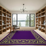Regal Purple Area Rug with Golden Ornate Border