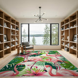 ODIKA Tropical Flamingo Pink Palm Leaf Washable Rug - Non-Slip Low Pile Area Rug