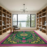 Emerald Green Persian Mandala Rug with Pink Accents