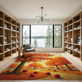 Vibrant Orange Autumn Maple Grove with Apples Birds Rug