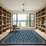 Navy Teal Persian Floral Border Rug