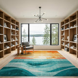 Sunset Palms Teal Ocean Waves Area Rug
