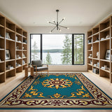 Teal Persian Medallion Area Rug with Gold Borders
