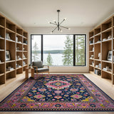 Navy Persian Area Rug with Vibrant Pink Borders