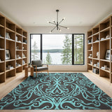 Teal Damask Floral Area Rug on Gray