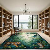 Jungle Tiger Family with Soaring Birds Area Rug