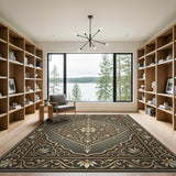 Ornate Grey Gold Floral Mandala Rug