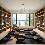 Geometric Modern Black Rug with Grey Orange Shapes