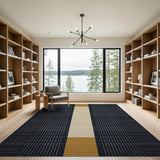 Modern Black Grid Plaid Rug with Cream Stripe Orange Bands