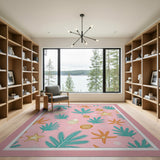 Pink Coastal Palm Leaves Starfish Shells Area Rug