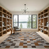 Modern Geometric Grey Rug with Rust Blocks
