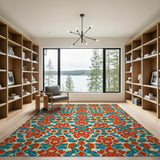 Multi-color and Patterns Vibrant Red Hibiscus Floral Teal Area Rug