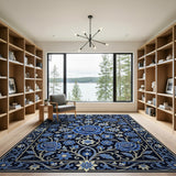Ornate Blue Roses Floral Area Rug