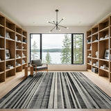 Distressed Black White Vertical Stripe Rug