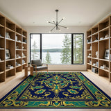 Navy Ornate Persian Area Rug with Gold Teal Accents