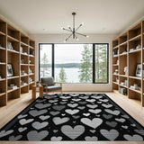 Halftone Hearts Black White Area Rug