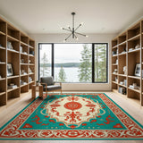 Ornate Teal Border Persian Medallion Rug