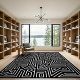 Geometric Modern Intricate Black White Maze Labyrinth Rug