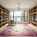 ODIKA Washable Pink Floral Butterfly Area Rug - Low Pile Non-Slip Kids & Pet Friendly Carpet