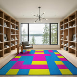Vibrant Blue Pink Yellow Geometric Block Area Rug