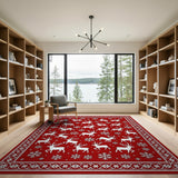 Festive Reindeer Snowflake Red Area Rug