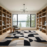 Modern Curved Geometric Black White Area Rug