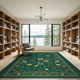 Emerald Green Floral Vintage Area Rug with Yellow Blooms