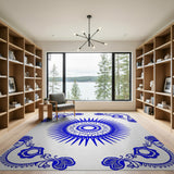 Blue Sunburst Mandala Rug with Ornate Floral Borders