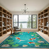 Teal Koi Fish Lotus Pond Area Rug