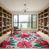 Bold Red Hibiscus Floral Area Rug