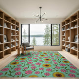 Vibrant Teal Sunflower Pink Floral Area Rug