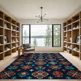 Navy Teal Tribal Bird and Cross Rug