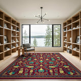 Whimsical Owl Cat Village Red Area Rug
