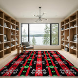 Festive Red Black Snowflake Stripe Area Rug