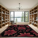 Floral Vintage Red Poinsettia Floral Area Rug on Black