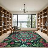 Pink Rose Mandala Area Rug with Greenery