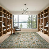 Cream Floral Vintage Area Rug with Green Border