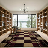 Distressed Vintage Plaid Area Rug in Black, Maroon Tan