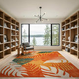 ODIKA Tropical Monstera Leaf Orange Washable Rug - Low Pile Non-Slip Area Rug