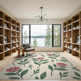 Pink Floral Vintage Area Rug with Green Leaves