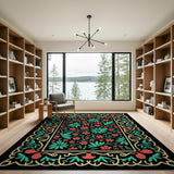 Red Teal Floral Persian Area Rug on Black