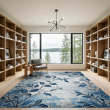 Navy Blue Leaf Branches Distressed Area Rug