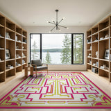 Pink Border Yellow Labyrinth Maze Area Rug