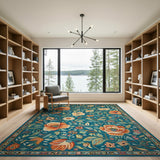 Blue and Teal Teal Floral Vintage Area Rug with Orange Blooms