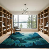 Teal Layered Mountain Peaks and Pine Forest Rug