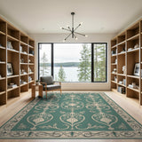 Ornate Teal Persian Area Rug with Ivory Motifs