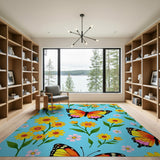 Vibrant Sunflower Monarch Butterfly Blue Area Rug