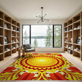 Radiant Sun Mandala Area Rug in Fiery Yellow Red