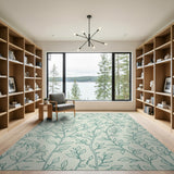 Teal Eucalyptus Leaf Line Art Area Rug