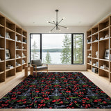 Festive Red Berry Fir Tree Black Area Rug
